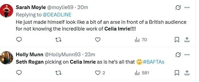 Seth Rogen is slammed for 'picking on' Celia Imrie during his TV BAFTAs speech as he jokes 'what else have you done apart from fart on a reality show?!' - 2