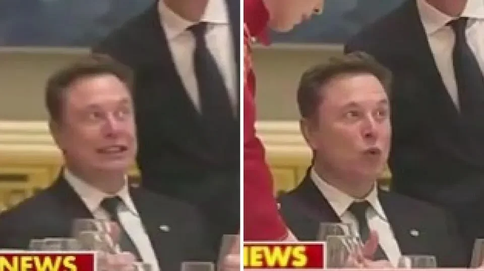 Animated Elon Musk makes a series of bizarre faces as he stays seated for photo with Apple CEO Tim Cook during Trump state visit banquet in China - 3