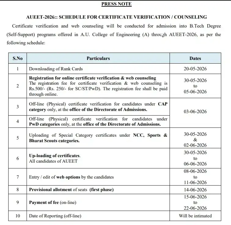 AU releases AUEET-2026 second-phase counselling schedule - 2