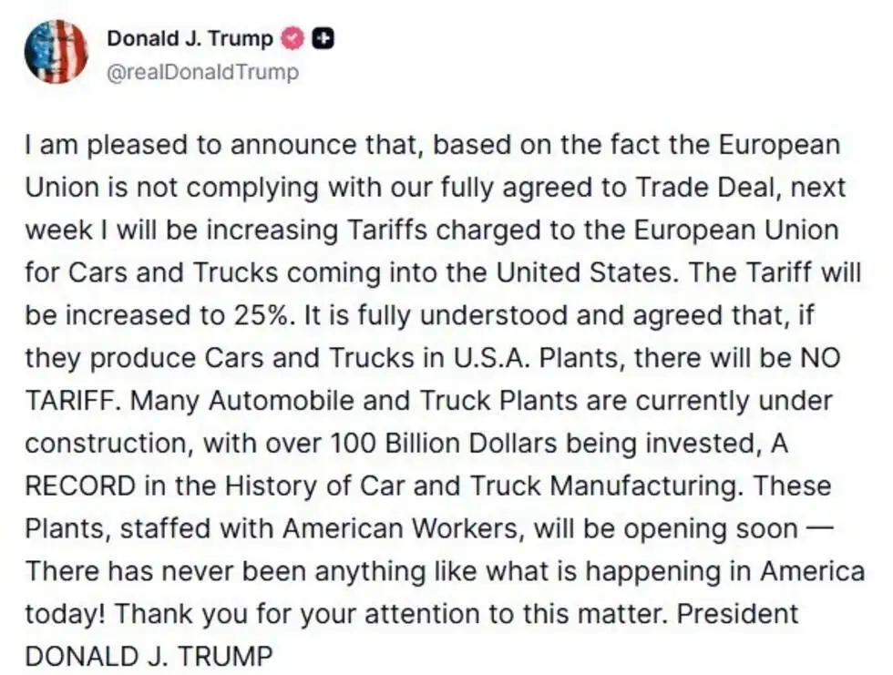 Trump to raise US tariffs on EU cars to 25%, accusing bloc of not complying with deal - 3